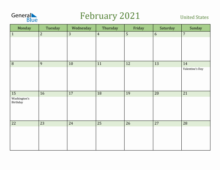 February 2021 Calendar with United States Holidays