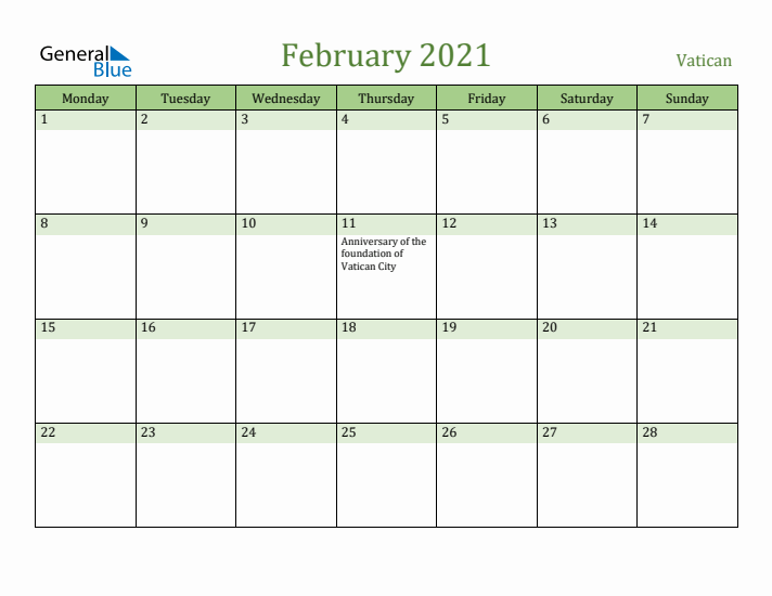 February 2021 Calendar with Vatican Holidays