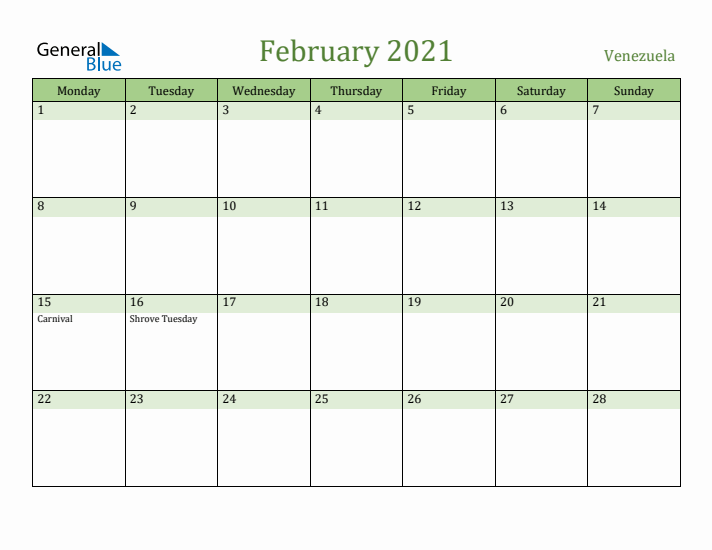 February 2021 Calendar with Venezuela Holidays