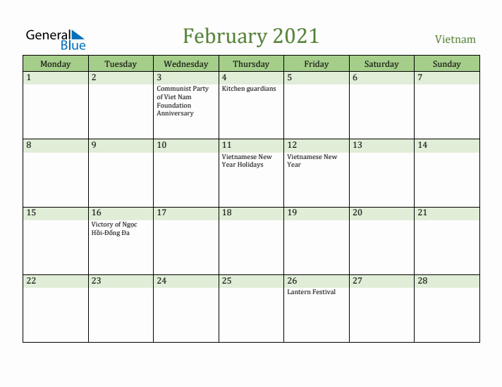 February 2021 Calendar with Vietnam Holidays