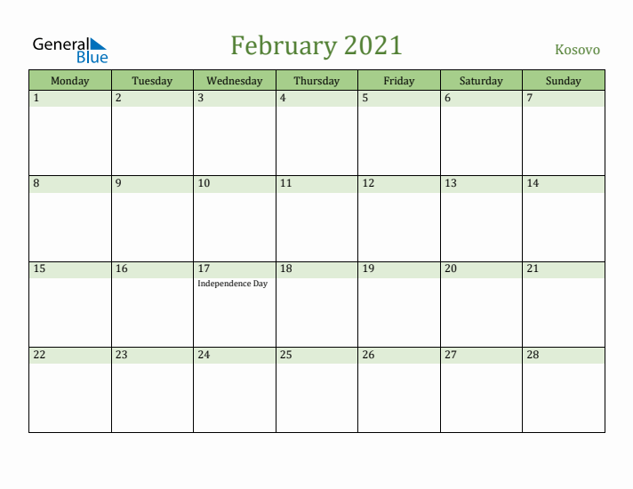 February 2021 Calendar with Kosovo Holidays