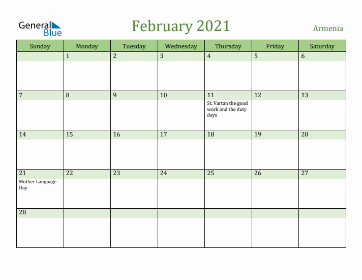 February 2021 Calendar with Armenia Holidays