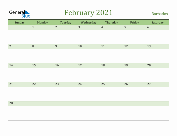 February 2021 Calendar with Barbados Holidays