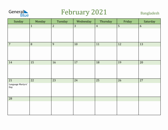 February 2021 Calendar with Bangladesh Holidays