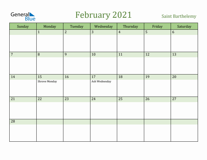 February 2021 Calendar with Saint Barthelemy Holidays