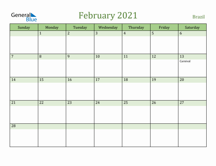 February 2021 Calendar with Brazil Holidays