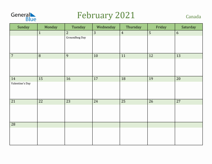 February 2021 Calendar with Canada Holidays