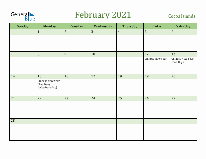 February 2021 Calendar with Cocos Islands Holidays