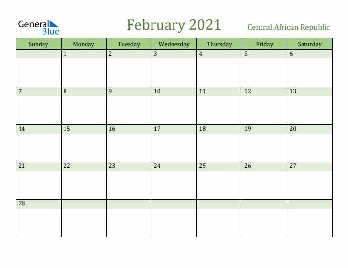 February 2021 Calendar with Central African Republic Holidays
