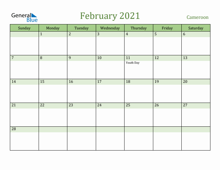February 2021 Calendar with Cameroon Holidays