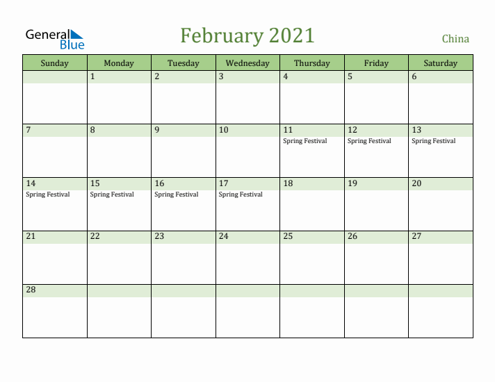 February 2021 Calendar with China Holidays