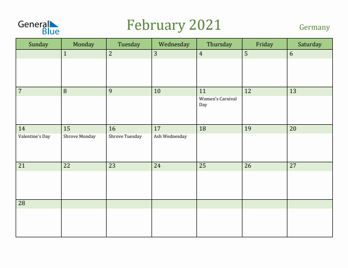 February 2021 Calendar with Germany Holidays