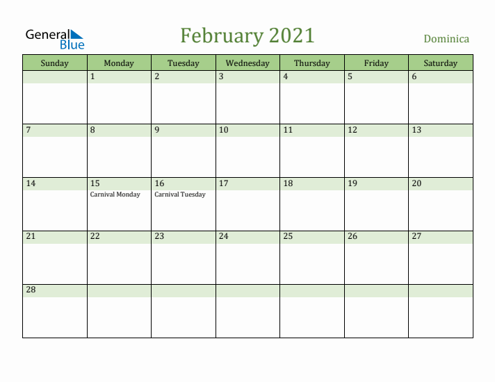 February 2021 Calendar with Dominica Holidays