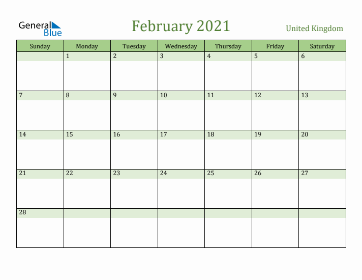 February 2021 Calendar with United Kingdom Holidays