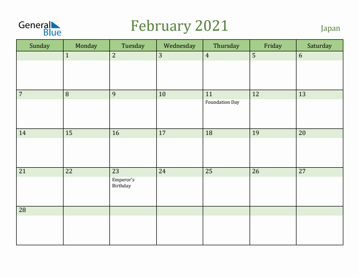 February 2021 Calendar with Japan Holidays