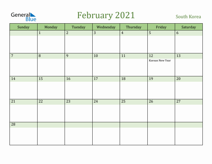 February 2021 Calendar with South Korea Holidays