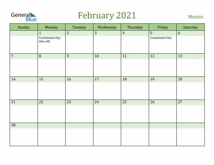 February 2021 Calendar with Mexico Holidays
