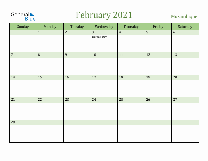 February 2021 Calendar with Mozambique Holidays