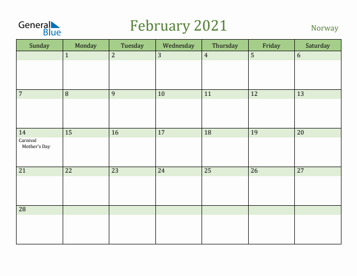 February 2021 Calendar with Norway Holidays