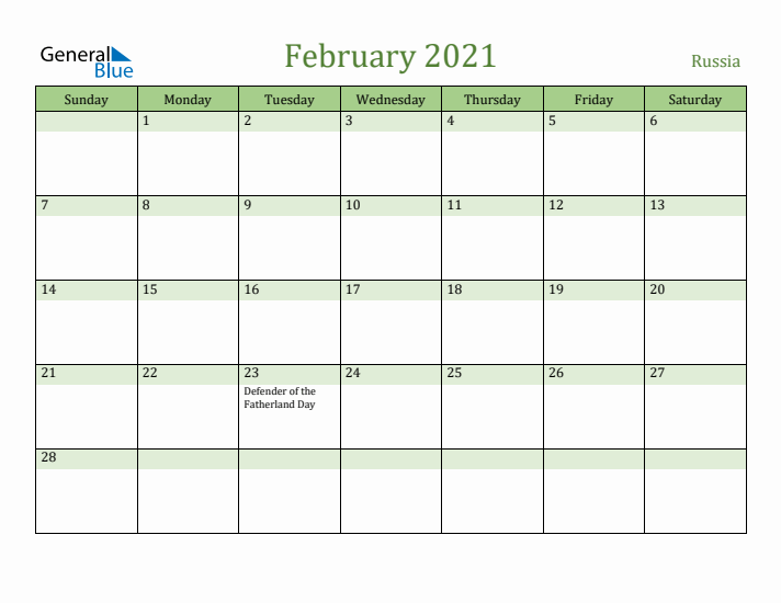 February 2021 Calendar with Russia Holidays