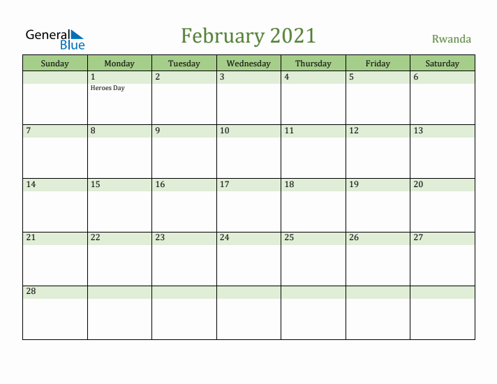 February 2021 Calendar with Rwanda Holidays