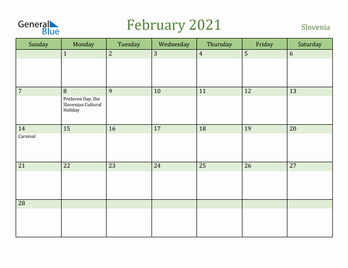 February 2021 Calendar with Slovenia Holidays