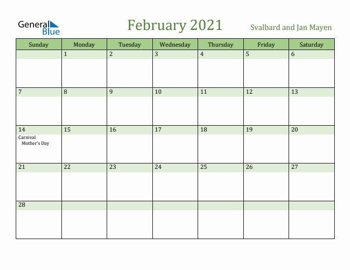 February 2021 Calendar with Svalbard and Jan Mayen Holidays