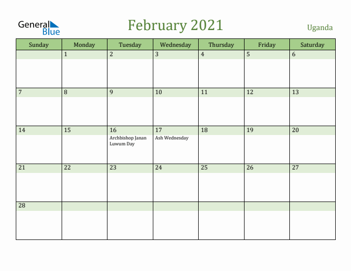 February 2021 Calendar with Uganda Holidays