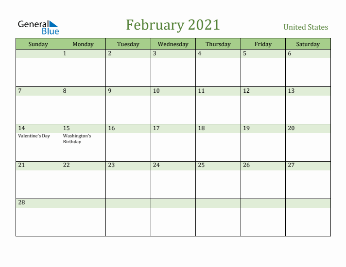 February 2021 Calendar with United States Holidays