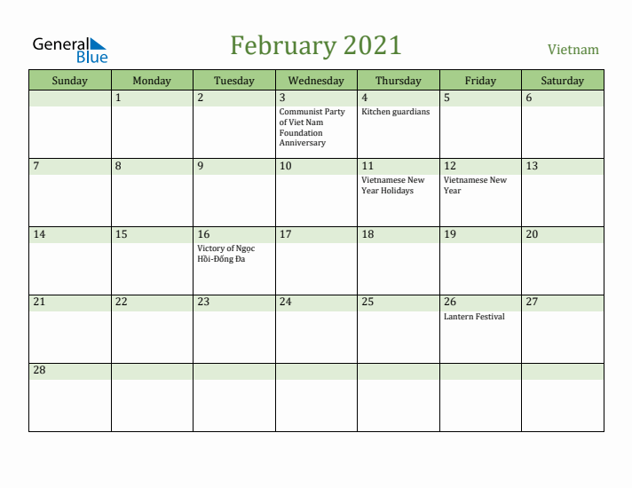 February 2021 Calendar with Vietnam Holidays