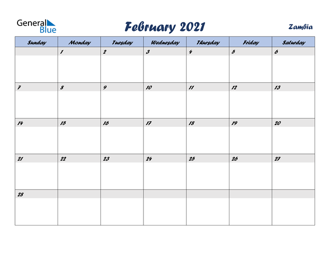 Zambia February 2021 Calendar with Holidays