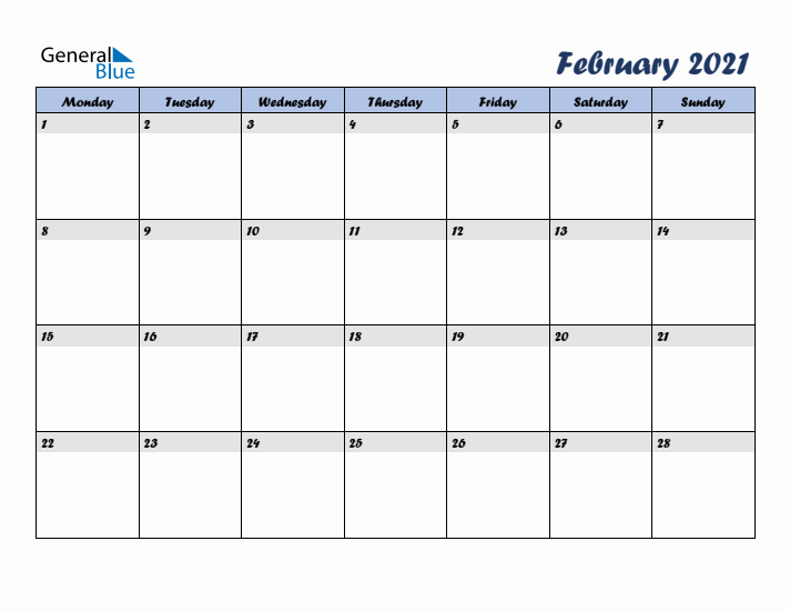 February 2021 Blue Calendar (Monday Start)