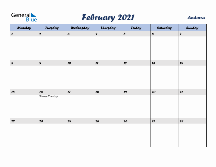 February 2021 Calendar with Holidays in Andorra