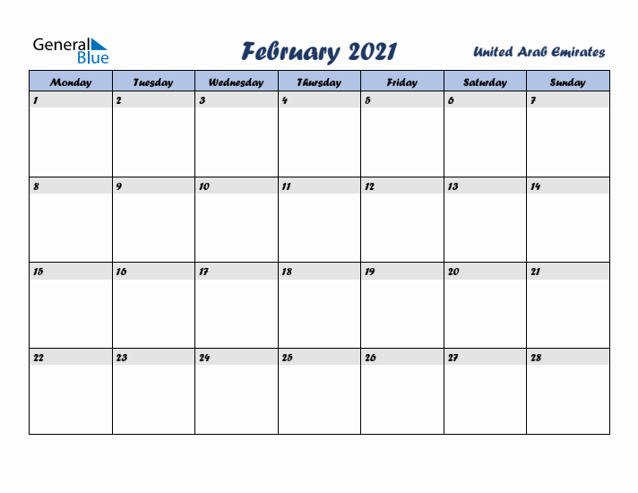 February 2021 Calendar with Holidays in United Arab Emirates