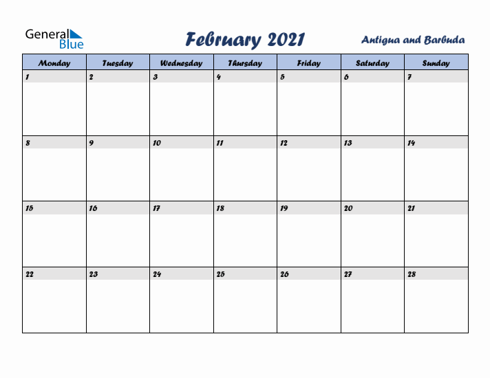 February 2021 Calendar with Holidays in Antigua and Barbuda