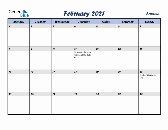 February 2021 Calendar with Holidays in Armenia