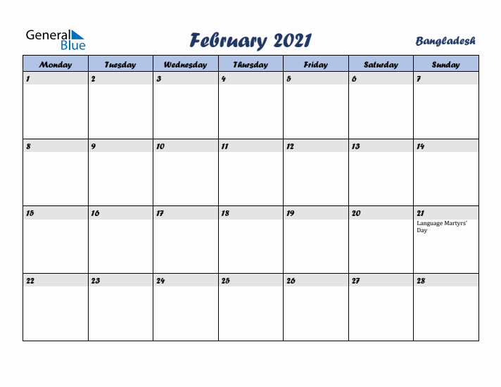 February 2021 Calendar with Holidays in Bangladesh
