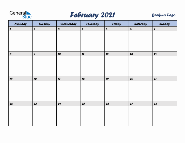 February 2021 Calendar with Holidays in Burkina Faso