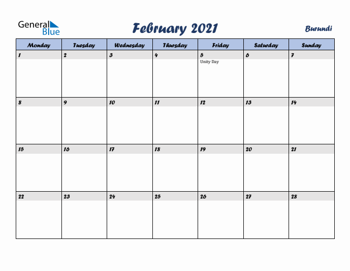 February 2021 Calendar with Holidays in Burundi