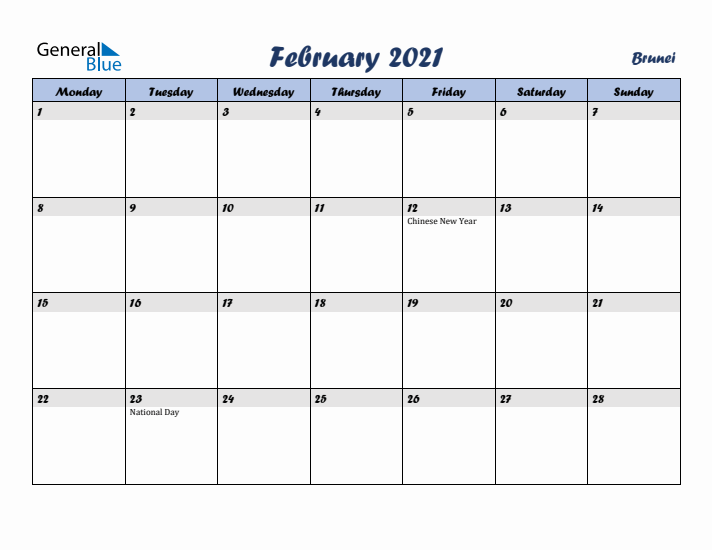 February 2021 Calendar with Holidays in Brunei