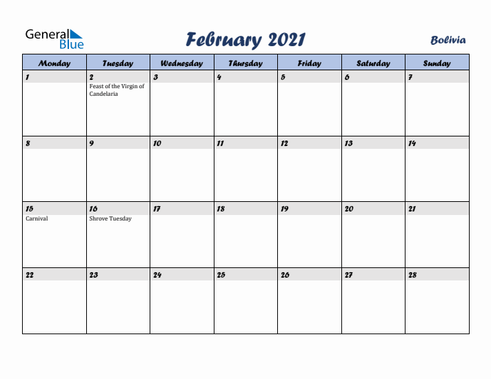 February 2021 Calendar with Holidays in Bolivia