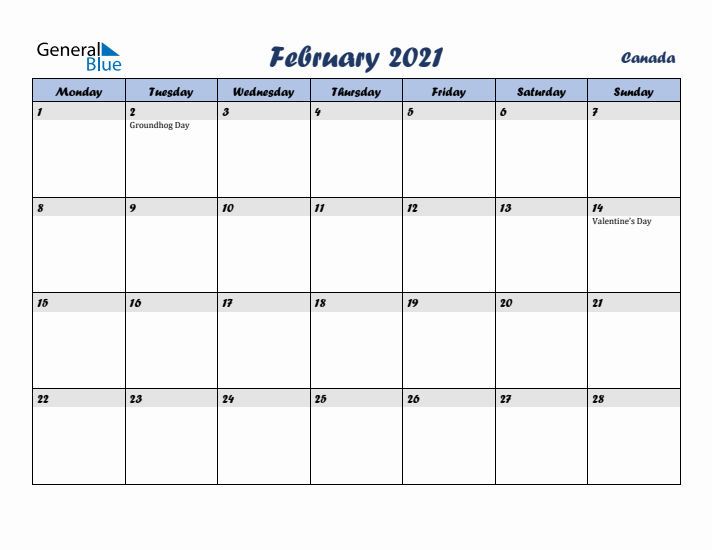 February 2021 Calendar with Holidays in Canada
