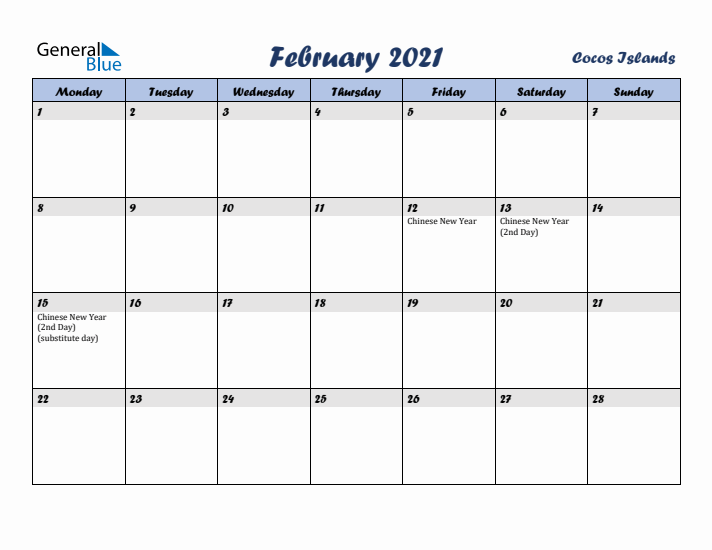 February 2021 Calendar with Holidays in Cocos Islands