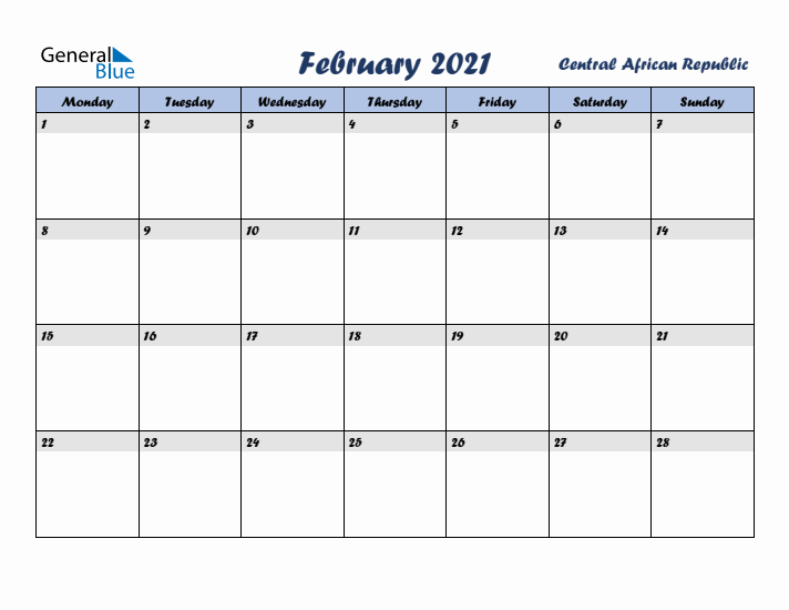 February 2021 Calendar with Holidays in Central African Republic