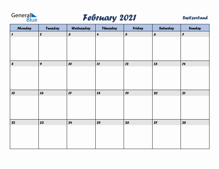 February 2021 Calendar with Holidays in Switzerland