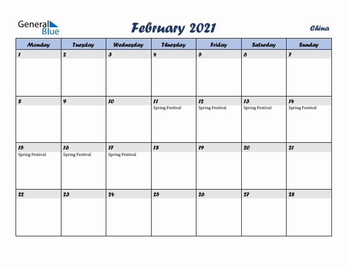 February 2021 Calendar with Holidays in China