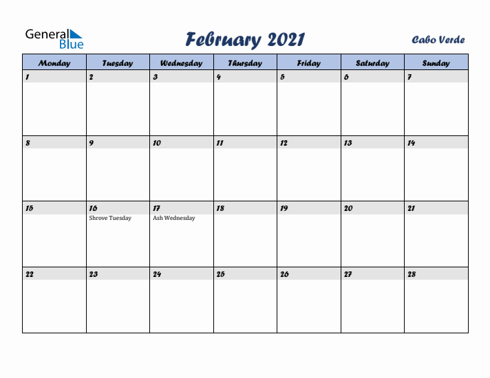 February 2021 Calendar with Holidays in Cabo Verde
