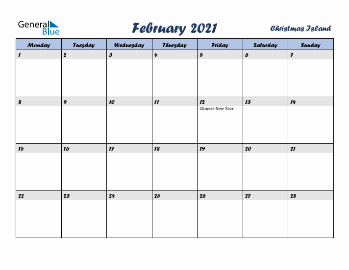 February 2021 Calendar with Holidays in Christmas Island