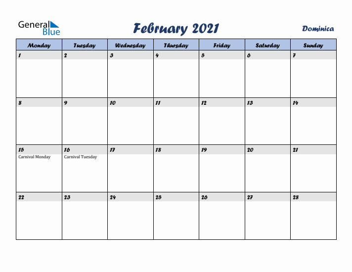 February 2021 Calendar with Holidays in Dominica