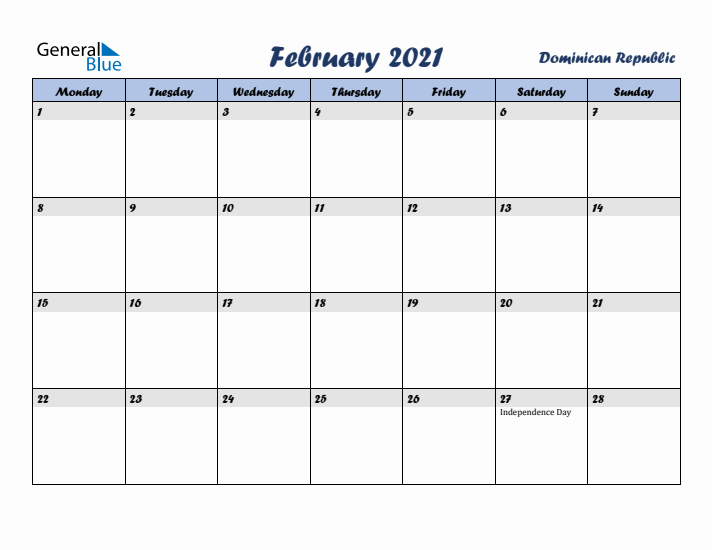 February 2021 Calendar with Holidays in Dominican Republic